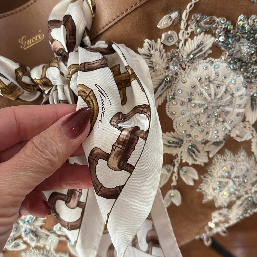 GUCCI POSITANO Leather Suede Tan Brown White Silver Gold Beaded Bag Rare Luxury - Picture 5 of 14
